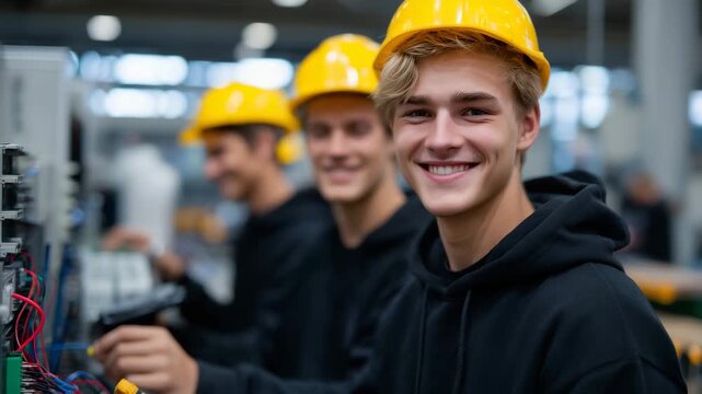 132Young electrician students gathered around a complex electrical project, smiling and interacting, holding tools and meters, safety gear on, vocational training room with cables, ci