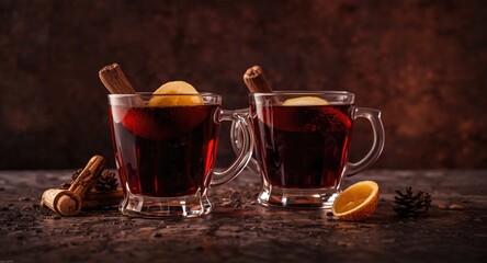 Naklejka premium Hot and aromatic mulled wine glasses featured against a rich dark background with copy space