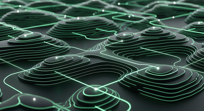 Abstract digital landscape with glowing green network lines connecting dark, layered, undulating topographical forms, representing data flow or complex systems.