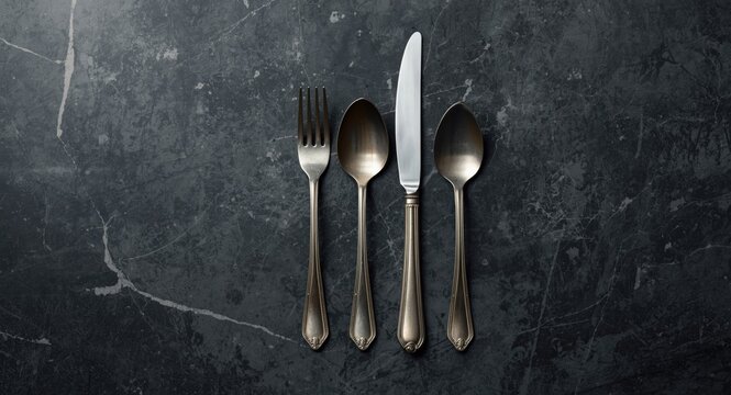 Flat lay image of timeworn silver cutlery on dark marbled concrete background