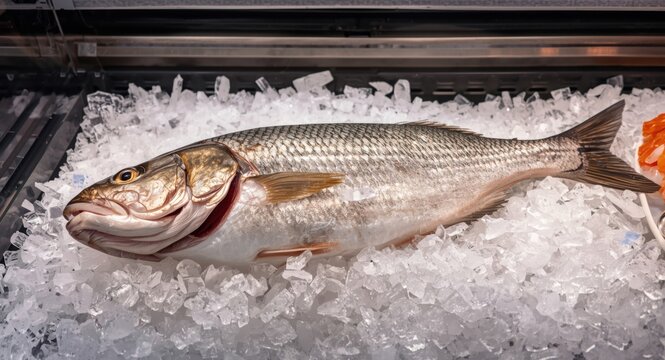 Sea bass on crushed ice inside refrigerated supermarket display focusing on omega rich dietary benefits