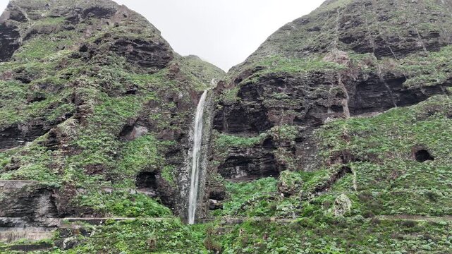 Aerial Drone View of Barranco and Waterfall Tenerife North Landscape
