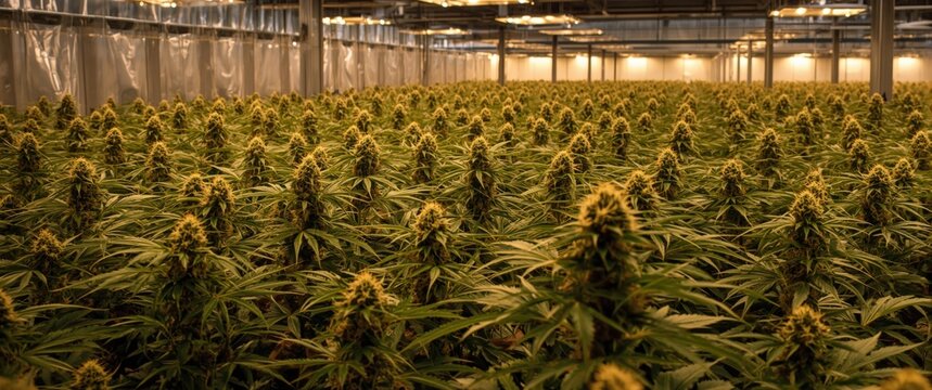 Prepared mature cannabis plants in greenhouse bay awaiting harvest