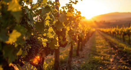 Fototapeta premium Golden Hour Light Enhancing Mature Pinot Noir Vines