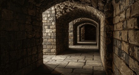 Fototapeta premium medieval dungeon corridor showcasing rugged stone walls and cell bars in soft lighting