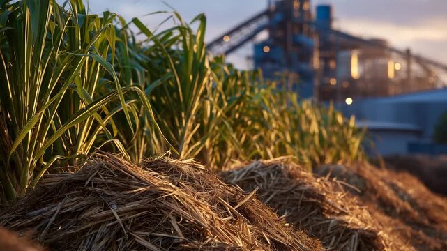 147Cinematic wide-angle view of harvested sugarcane piled on moving conveyor belts at dusk, warm golden light casting long shadows, industrial processing facility in the background, s