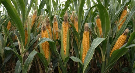 Obraz premium A close up of tall maize plants with abundant starchy kernels ready for harvest