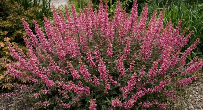 Late summer garden showing herb Sedum telephium covered with raspberry pink flowers