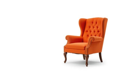 Fototapeta premium Orange classic armchair with tufted fabric back and dark wood legs set on plain white background with copy space