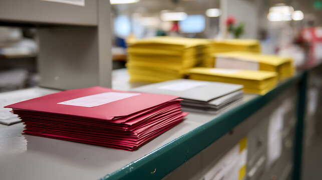 Stack of vibrant red envelopes on a desk in a bustling office environment with additional mail in the background, ready for dispatch