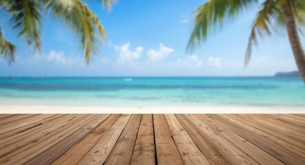 Fototapeta premium Relaxing outdoor getaway with a wooden floor and blurry cool sea background on a tropical beach