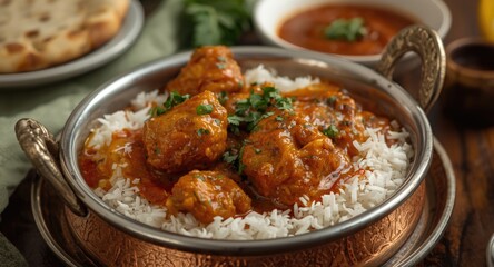 Fototapeta premium Generous portion of butter chicken served in a traditional balti dish with chutney