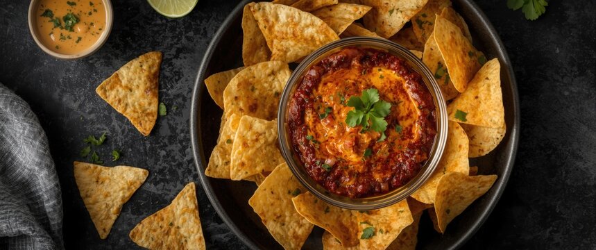 Homemade dip with seven distinct layers served with tortilla chips from above