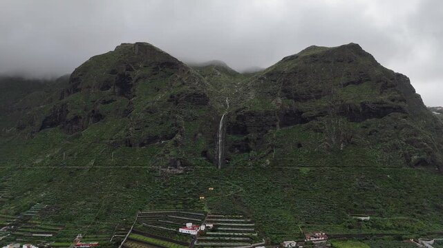 Aerial Drone View of Barranco and Waterfall Tenerife North Landscape
