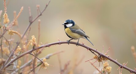 Fototapeta premium Mild Great Tit bird balanced on thorny limb framed by light pastel colors and slight plant details