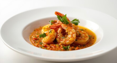 Fototapeta premium Shrimp cooked in spicy blend on a neat white plate