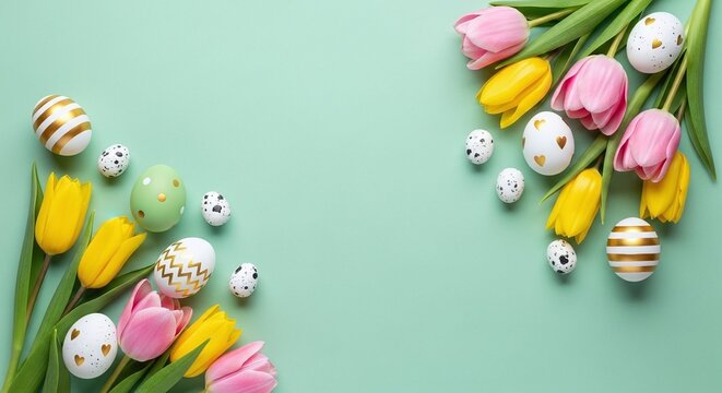 A colorful Easter-themed arrangement of tulips and decorated eggs on a pastel green background
