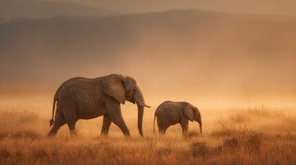 Fototapeta premium African elephant and calf walking in golden savanna at sunset with dusty haze