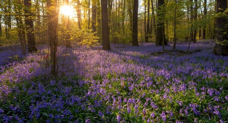 Obraz premium Scenic bluebell-covered forest floor bathed in warm sunrise light with blossoming spring flora