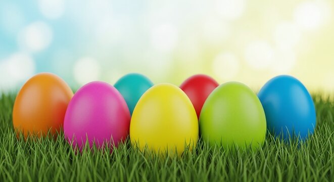 A colorful arrangement of Easter eggs on a lush green grassy background with a vibrant bokeh effect