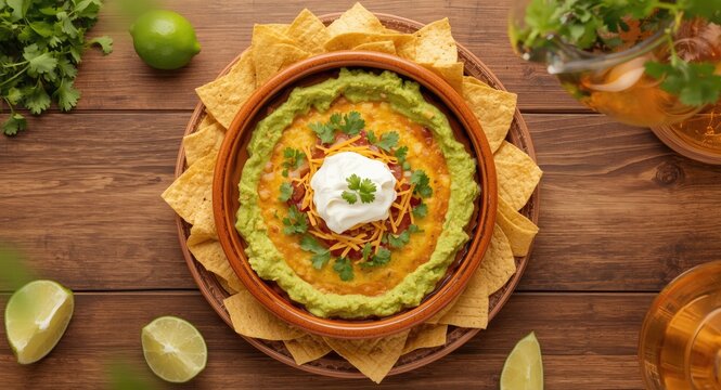 Seven layer dip served in bowl with tortilla chips overhead perspective