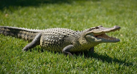 Obraz premium Lively pet crocodile having fun on soft green lawn under clear summer sunlight full length