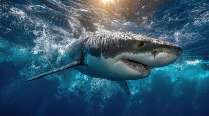 Fototapeta premium Great white shark swimming underwater towards sunlight