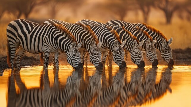zebra herd drinking from golden sunset reflected water