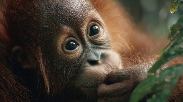 curious orangutan monkey face close-up in forest