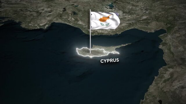 Cyprus Map Animation with 3D Waving of Cyprus Flag and Glowing Border on World Map