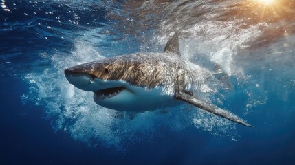 Fototapeta premium great white shark swimming underwater towards sunlight