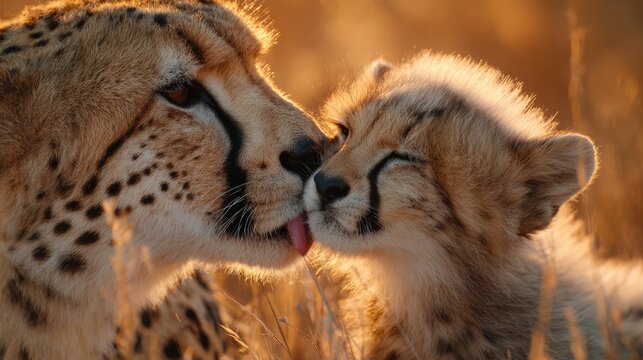 Cheetah mother and cub affectionate moment in savannah