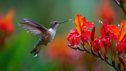 Obraz premium hummingbird feeding on vibrant red flowers in garden