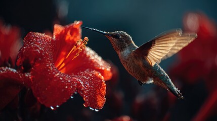 Obraz premium hummingbird feeding on red flower with water droplets