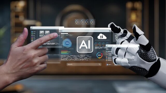 A pair of hands, one human and one robotic, navigating a sleek digital interface showcasing artificial intelligence and data analytics in a contemporary workspace. Auvana