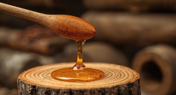 Maple syrup dripping from wooden spoon over rustic log at sugar shack