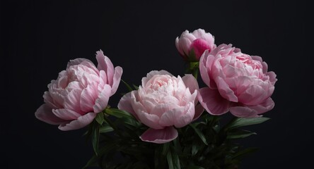Fototapeta premium Garden peonies nestled against a dark even toned background