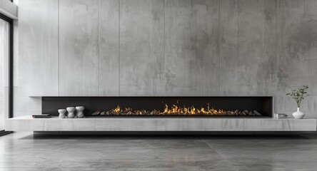 Minimalist living room interior with modern fireplace and sleek concrete walls