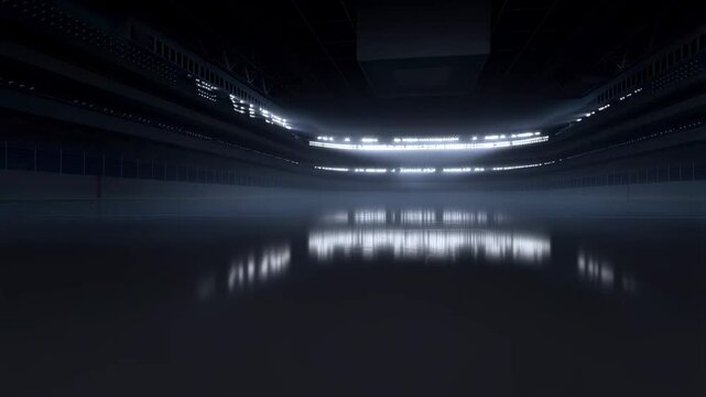 Tracking shot forward dolly revealing empty ice rink interior with glossy reflective surface, illuminated arena lights and surrounding seating in indoor sports venue at night