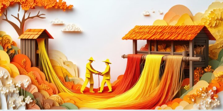 Papercraft scene depicts silk production. Two figures work with vibrant fabric amidst stylized landscape elements. Orange hues dominate composition.