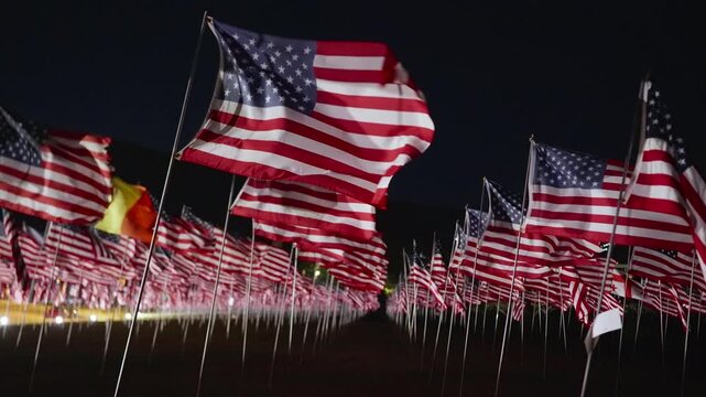 American flags memorial at night in Malibu, California, USA with silhouette person and glowing lights creating cinematic patriotic remembrance scene