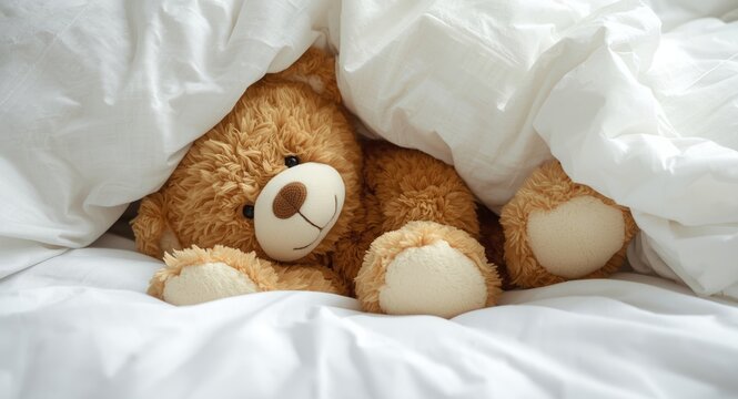Heartwarming teddy bear resting under layered sheets showcasing copyspace