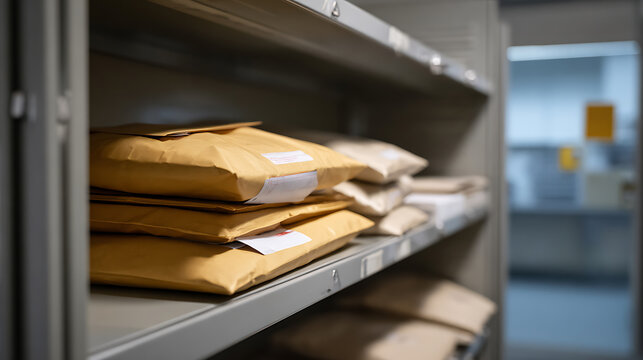 Close up of stacked brown envelopes with labels on metal shelves in a storage room or archive. Mail, files, documents, and records storage