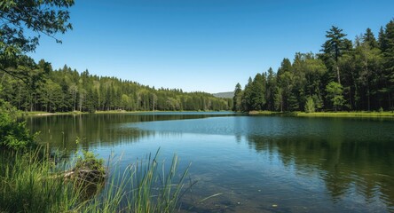 Fototapeta premium Gentle lake in wild forest environment with clear copy space