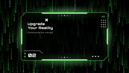 Hud interface with futuristic text overlay on dark matrix code background. Digital display panel with abstract cyber data elements. Science fiction technology for system visualization. © hiten666
