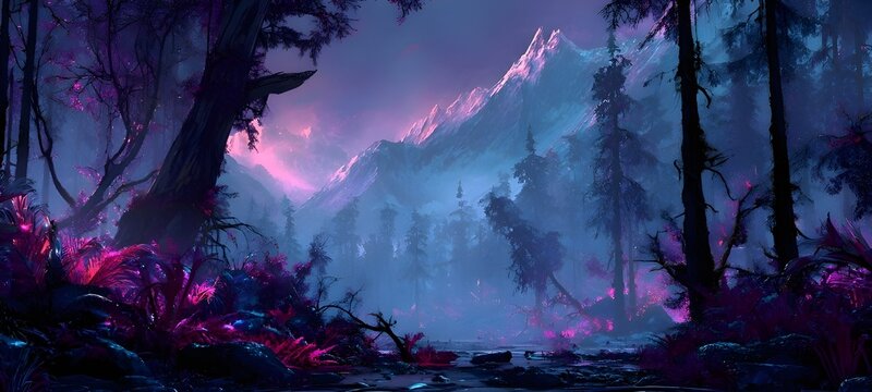 fantasy forest valley at twilight