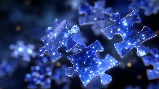 Cinematic 3D perspective of multiple digital puzzle pieces interlocking, edges illuminated in neon blue, soft particle effects floating in the abstract background, conveying the co
