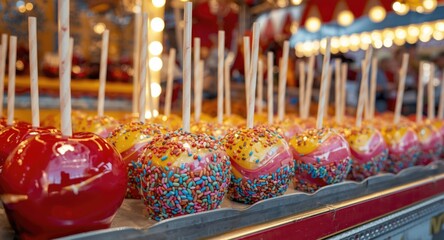 Naklejka premium Festive candy apples in vibrant colors at a lively state fair booth