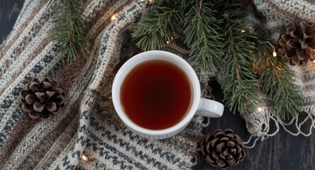 Naklejka premium Holiday season winter still life showing a stylish cup of tea with pine cones, knitted textiles, and golden festive illumination