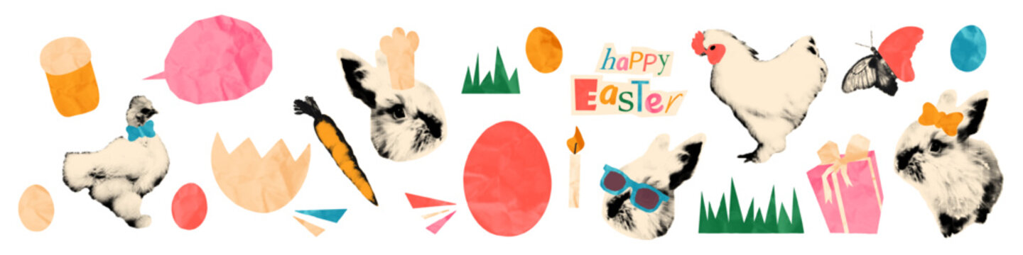 Easter halftone collage elements set. Cut out of crumpled paper bunny and chicken. Funny Easter egg hunt. Modern retro vector illustration for spring mixed media design